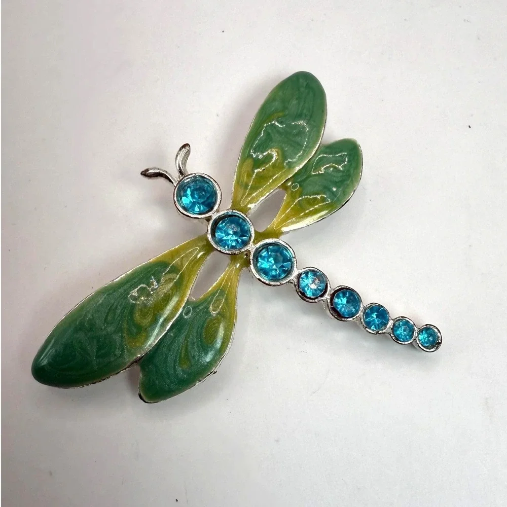 Vintage TC Dragonfly Brooch‎ – Green Enamel Wings Blue Rhinestone Body
